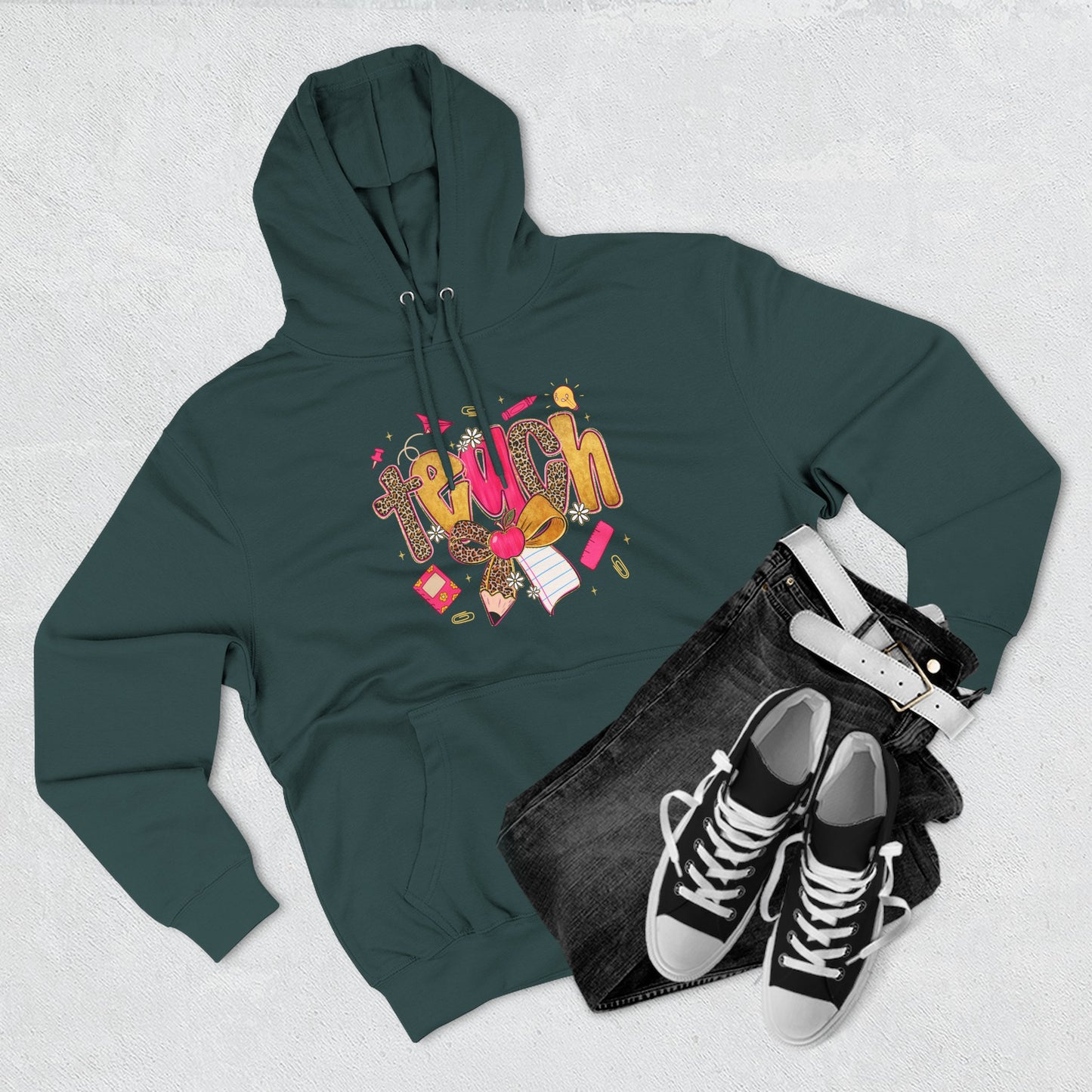 Teacher Cute Graphic Hoodie — "Teach" School Supplies Design