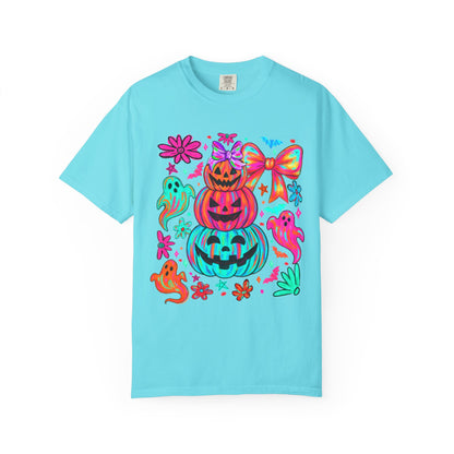 Halloween Neon Pumpkins T-Shirt — Colorful Stack Jack-O’-Lanterns & Ghosts