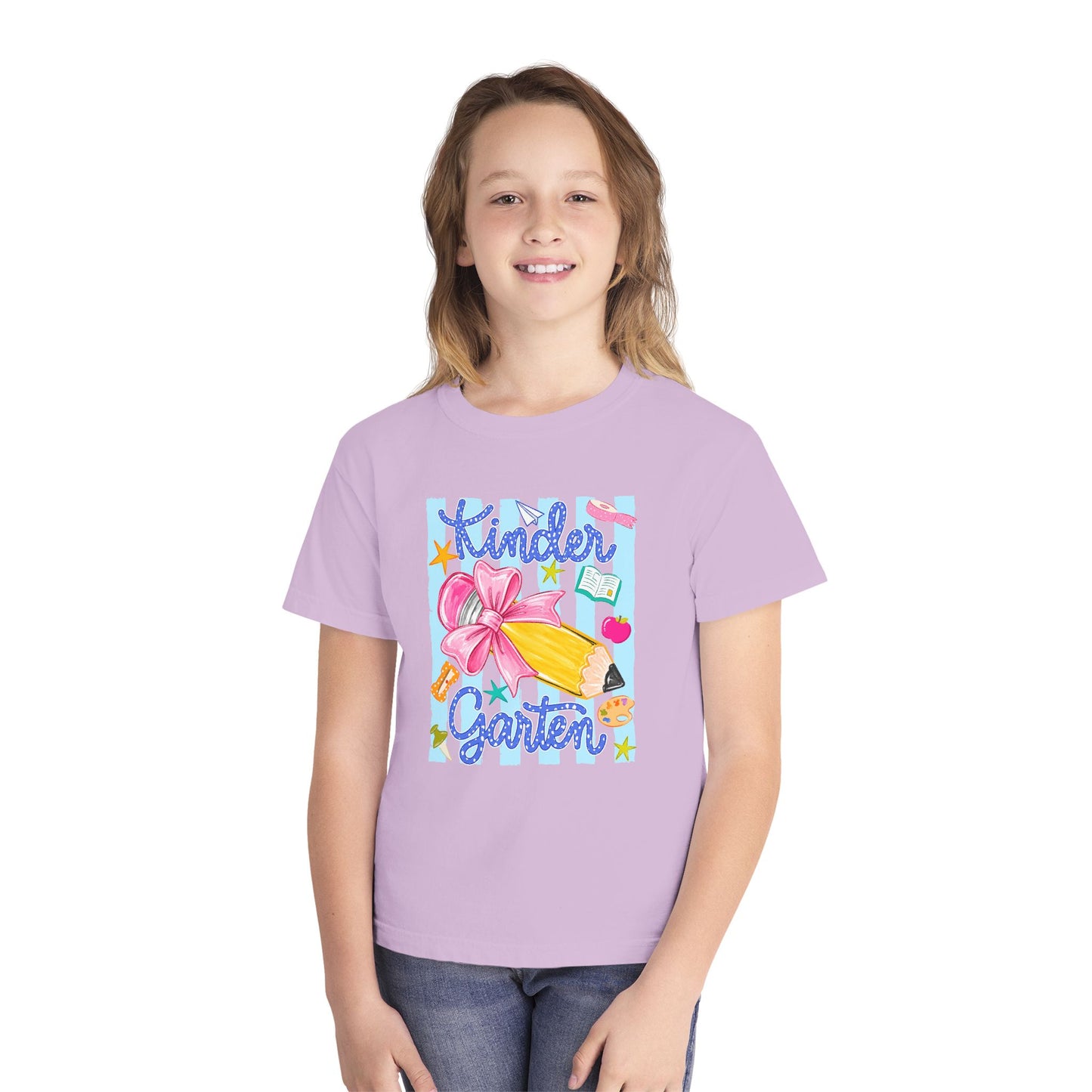 Kindergarten Pencil Bow Youth Tee — Back to School Cute Kids Shirt