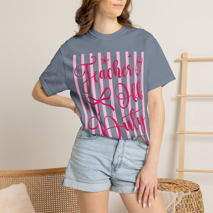 Teacher Off Duty T-Shirt — Pink Script Teacher Appreciation Tee