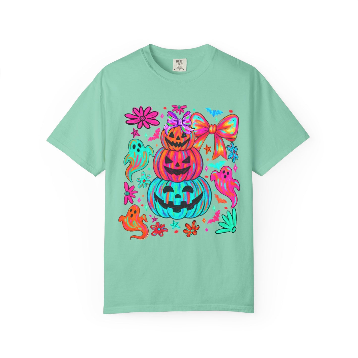 Halloween Neon Pumpkins T-Shirt — Colorful Stack Jack-O’-Lanterns & Ghosts