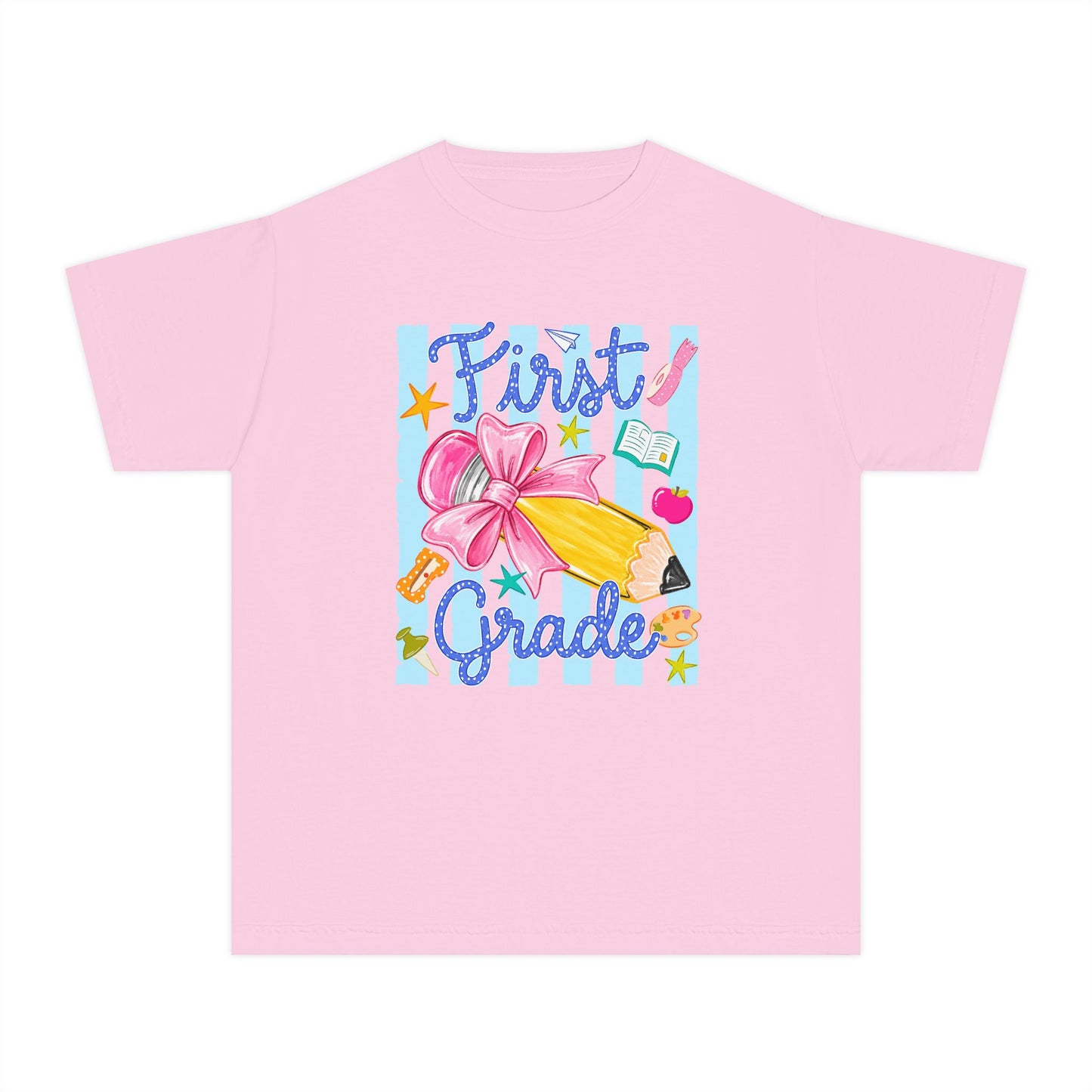 First Grade Youth Tee — Back to School Girls' Cute Pencil & Bow Design