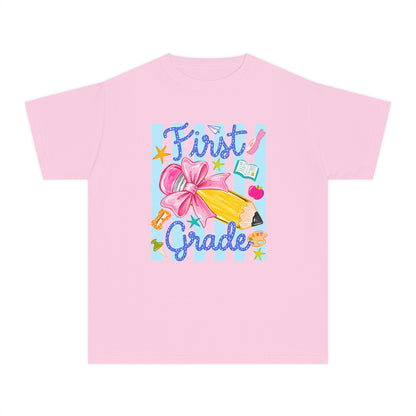 First Grade Youth Tee — Back to School Girls' Cute Pencil & Bow Design