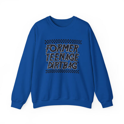 Crewneck Sweatshirt — "Former Teenage Dirtbag" Retro Checkered Graphic