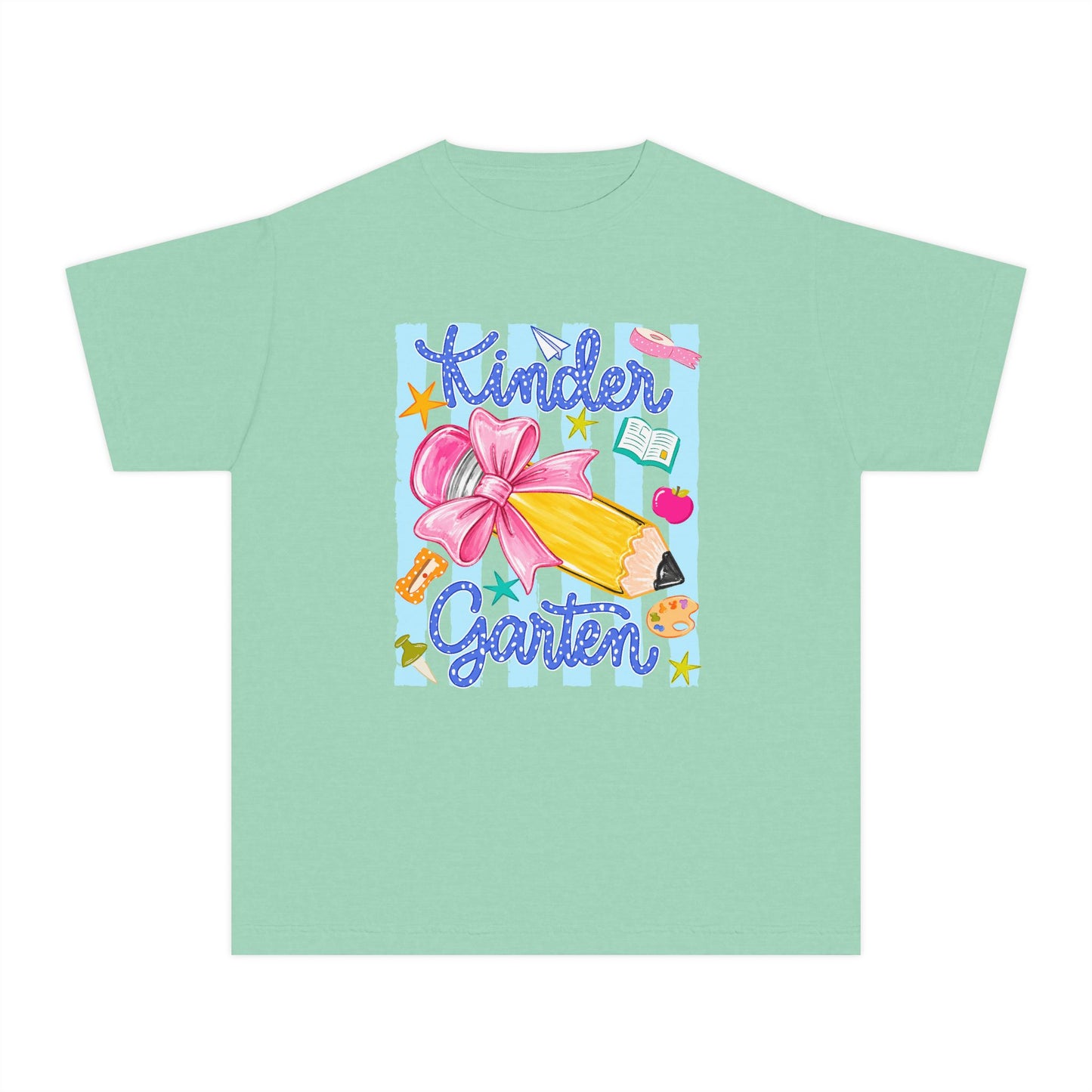 Kindergarten Pencil Bow Youth Tee — Back to School Cute Kids Shirt