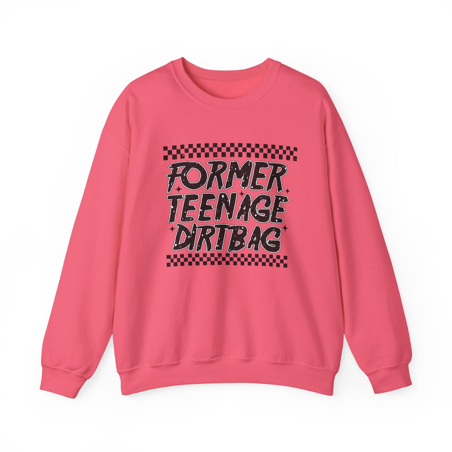 Crewneck Sweatshirt — "Former Teenage Dirtbag" Retro Checkered Graphic