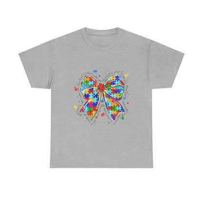 Autism Awareness Puzzle Bow T-Shirt — Colorful Support Ribbon Tee