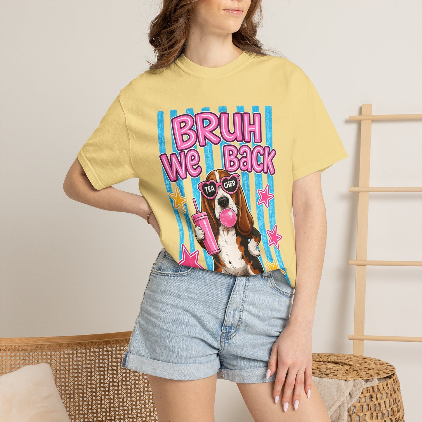 Bruh We Back T-Shirt — Cute Basset Hound Bubblegum Graphic Tee