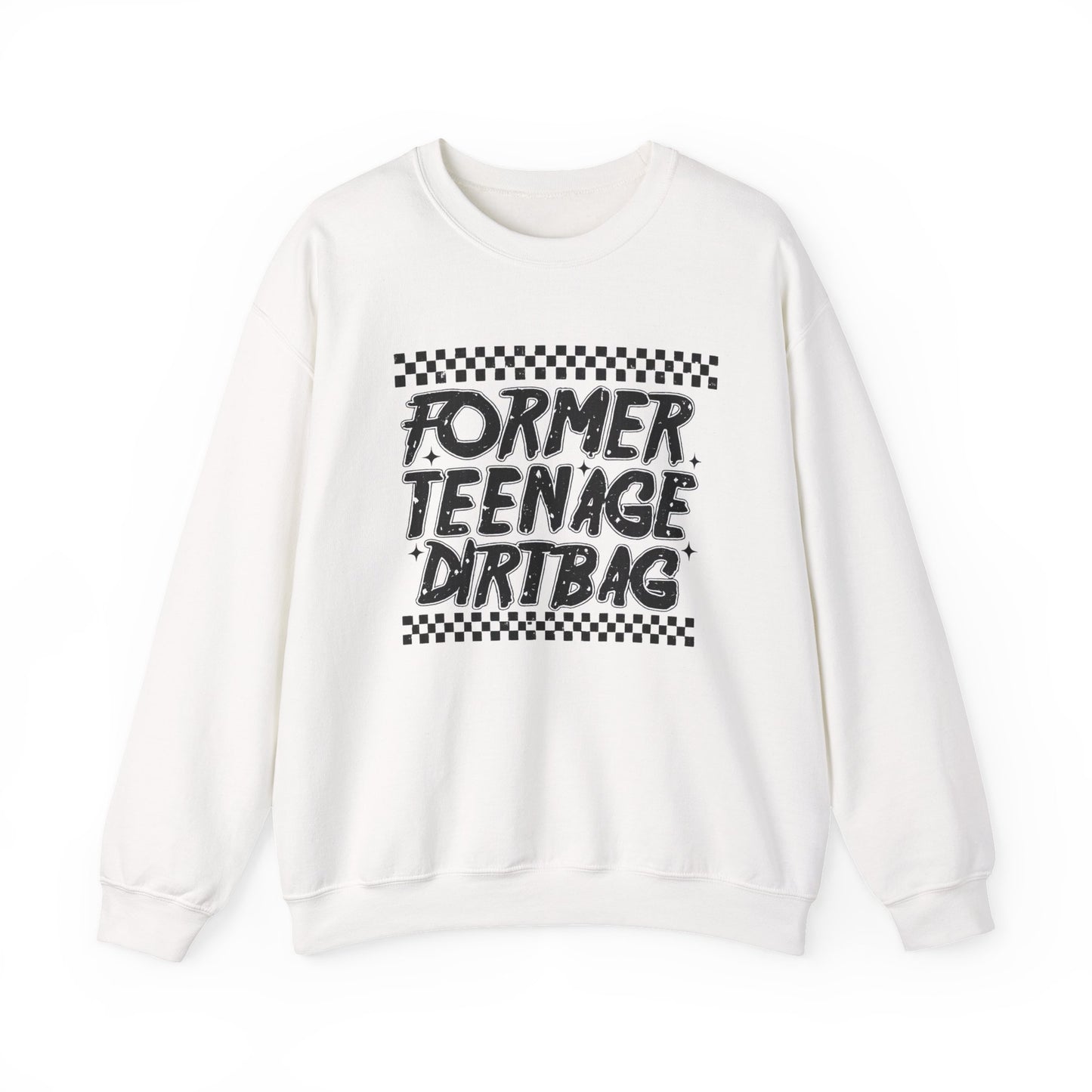 Crewneck Sweatshirt — "Former Teenage Dirtbag" Retro Checkered Graphic