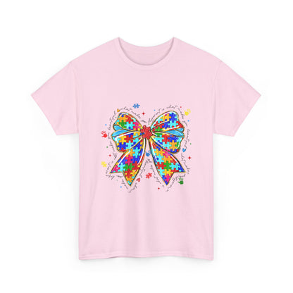 Autism Awareness Puzzle Bow T-Shirt — Colorful Support Ribbon Tee