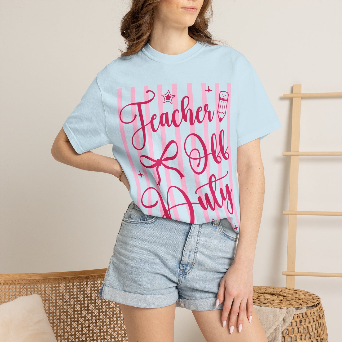 Teacher Off Duty T-Shirt — Pink Script Teacher Appreciation Tee