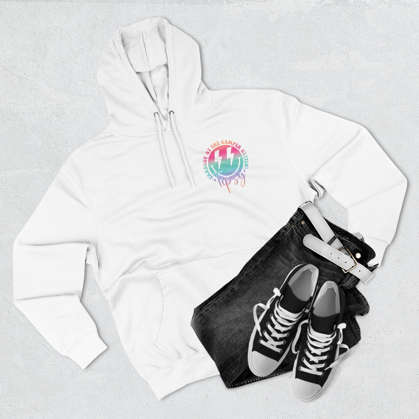 Gettin' Tipsy Camper Hoodie — Retro Pastel Camping Graphic Fleece