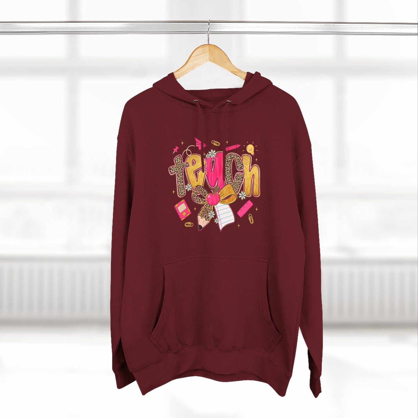 Teacher Cute Graphic Hoodie — "Teach" School Supplies Design