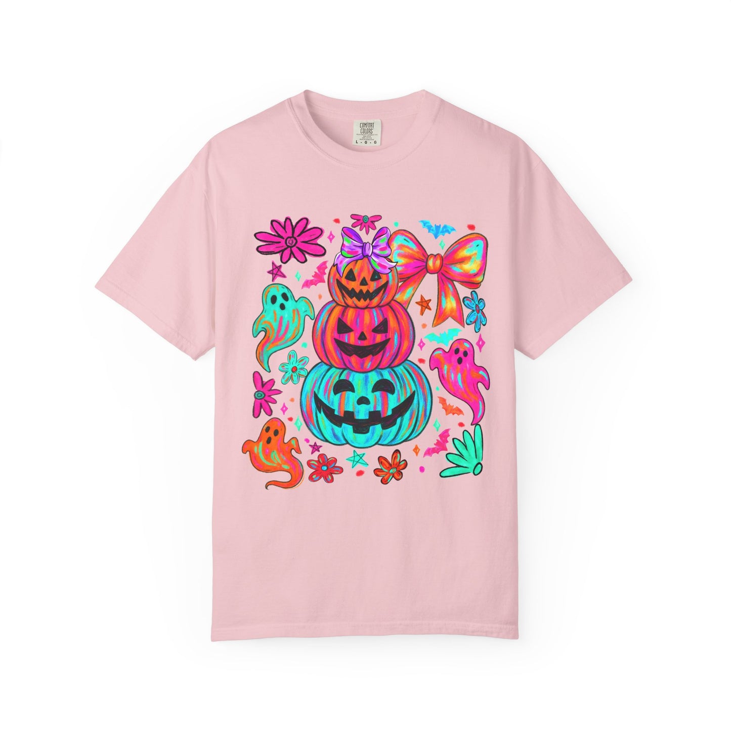 Halloween Neon Pumpkins T-Shirt — Colorful Stack Jack-O’-Lanterns & Ghosts