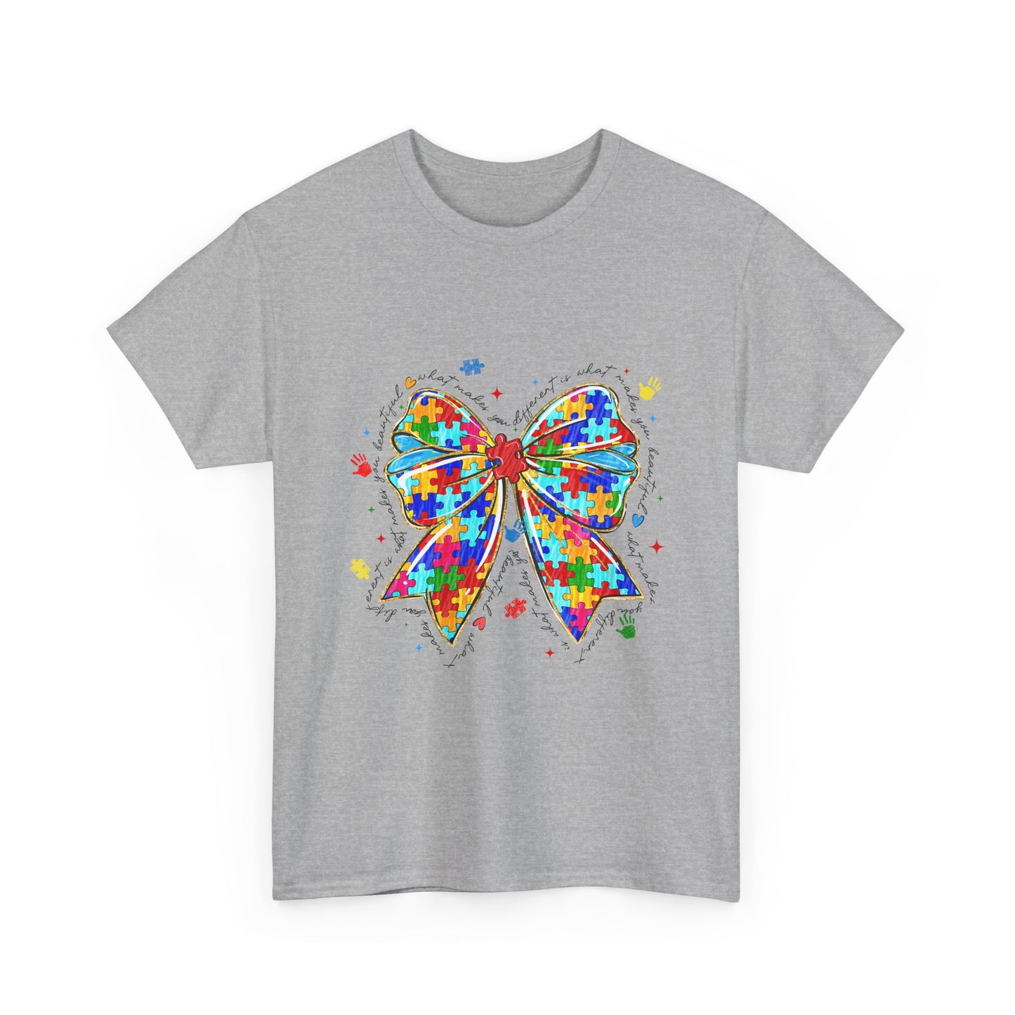 Autism Awareness Puzzle Bow T-Shirt — Colorful Support Ribbon Tee