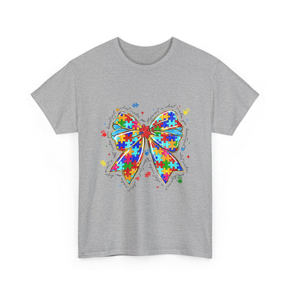 Autism Awareness Puzzle Bow T-Shirt — Colorful Support Ribbon Tee