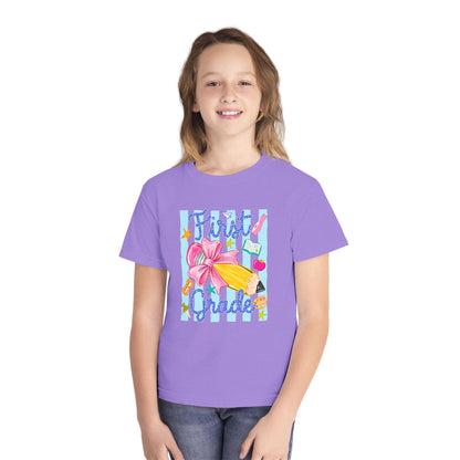 First Grade Youth Tee — Back to School Girls' Cute Pencil & Bow Design