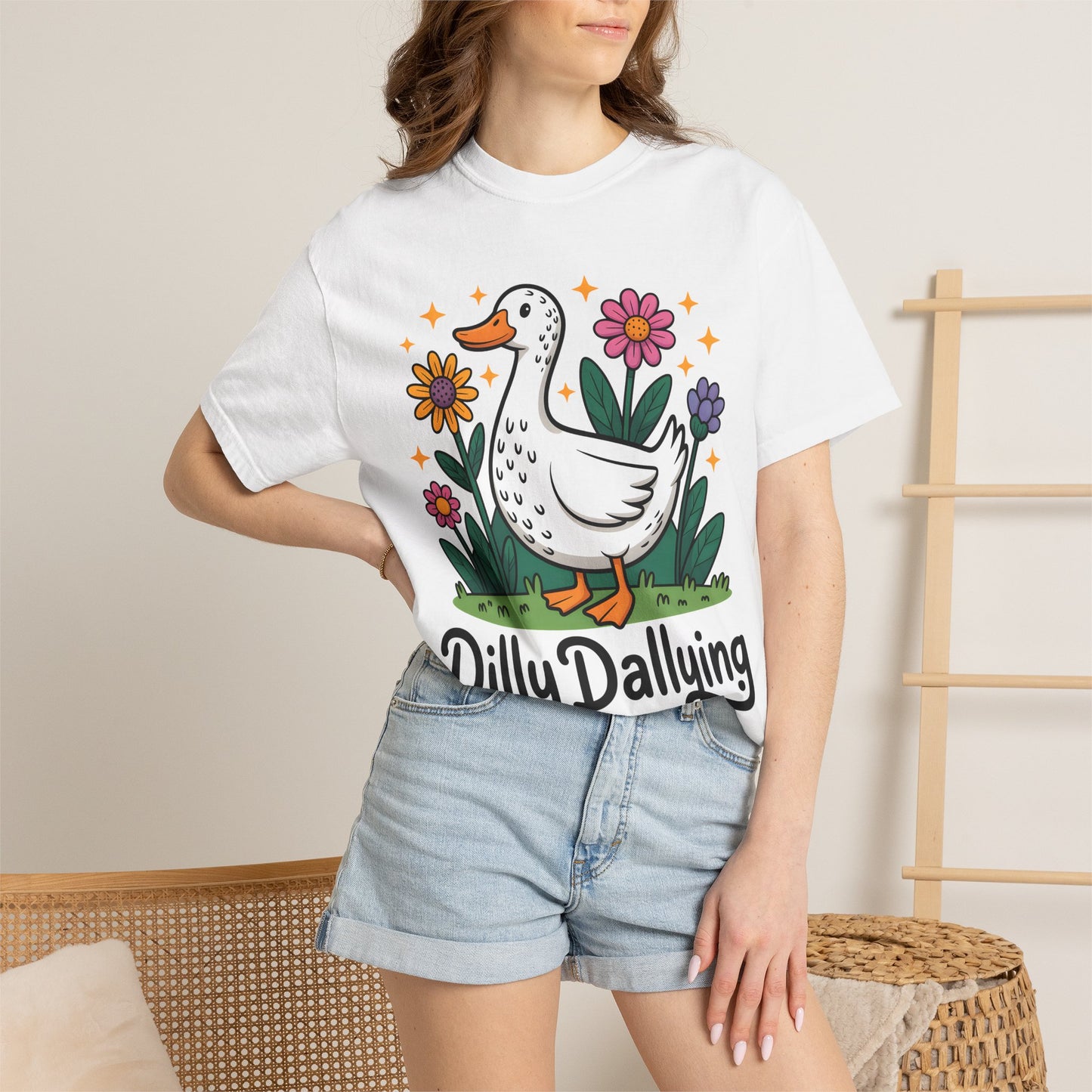 Dilly Dallying Duck T-Shirt — Cute Floral Goose Graphic Tee