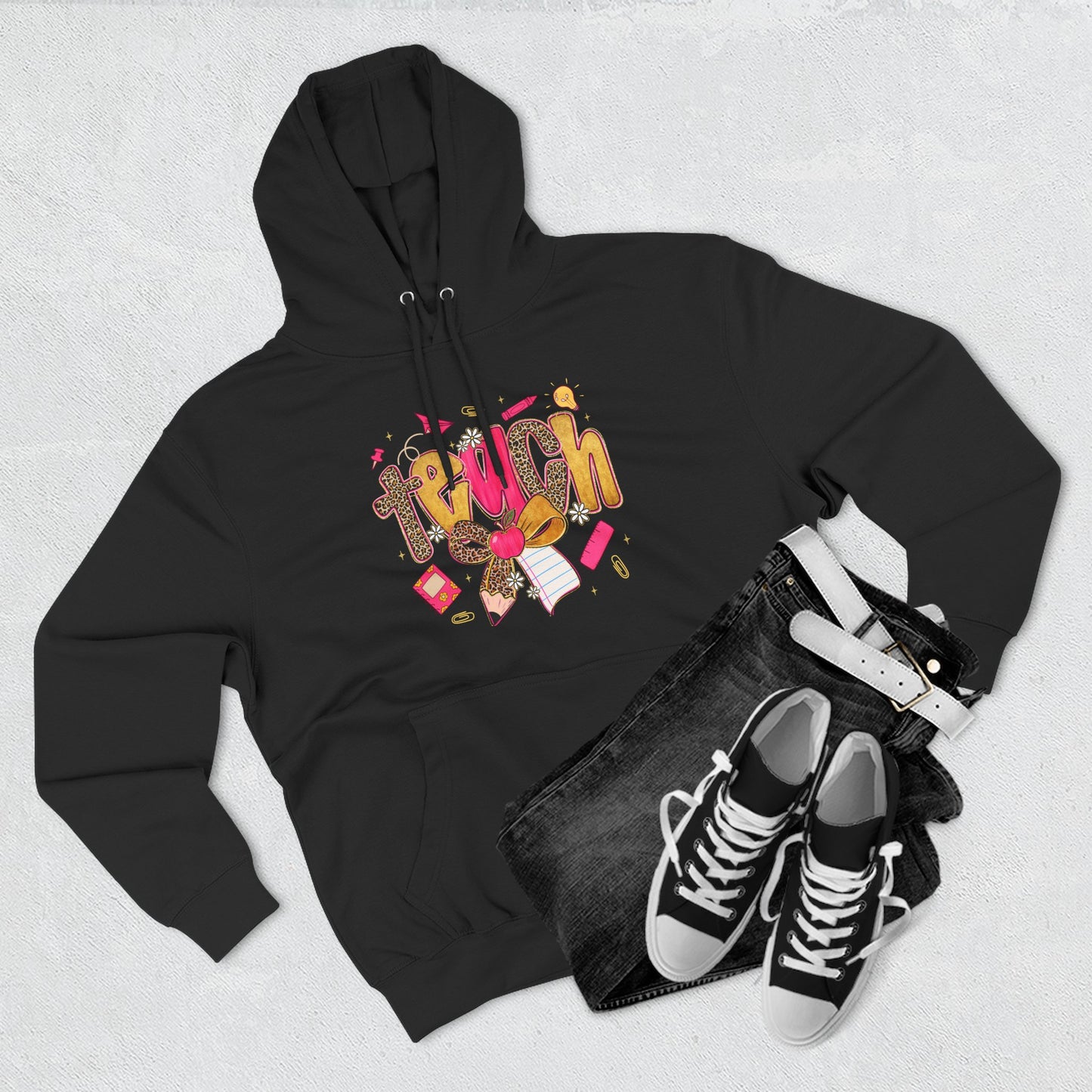Teacher Cute Graphic Hoodie — "Teach" School Supplies Design
