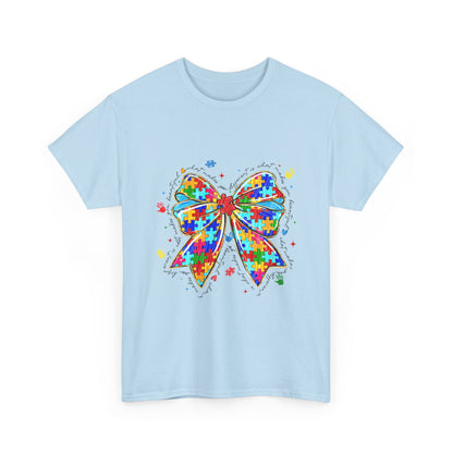 Autism Awareness Puzzle Bow T-Shirt — Colorful Support Ribbon Tee