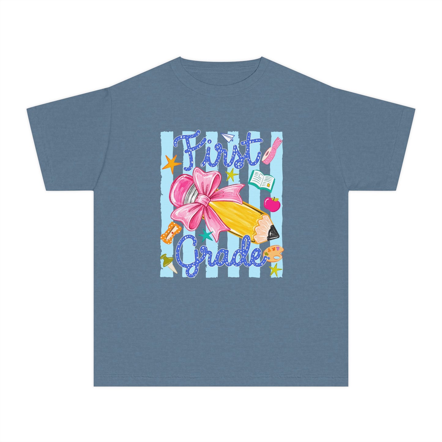 First Grade Youth Tee — Back to School Girls' Cute Pencil & Bow Design