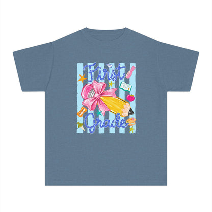 First Grade Youth Tee — Back to School Girls' Cute Pencil & Bow Design