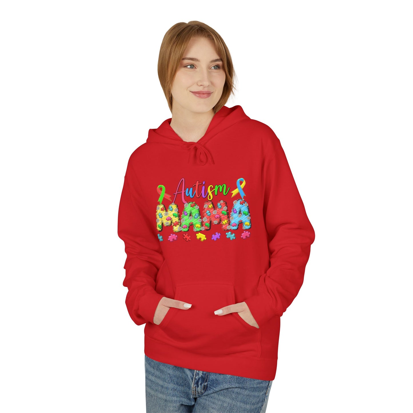 Autism Mama Hoodie — Colorful Puzzle-Print Mom Sweatshirt
