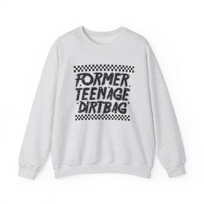 Crewneck Sweatshirt — "Former Teenage Dirtbag" Retro Checkered Graphic