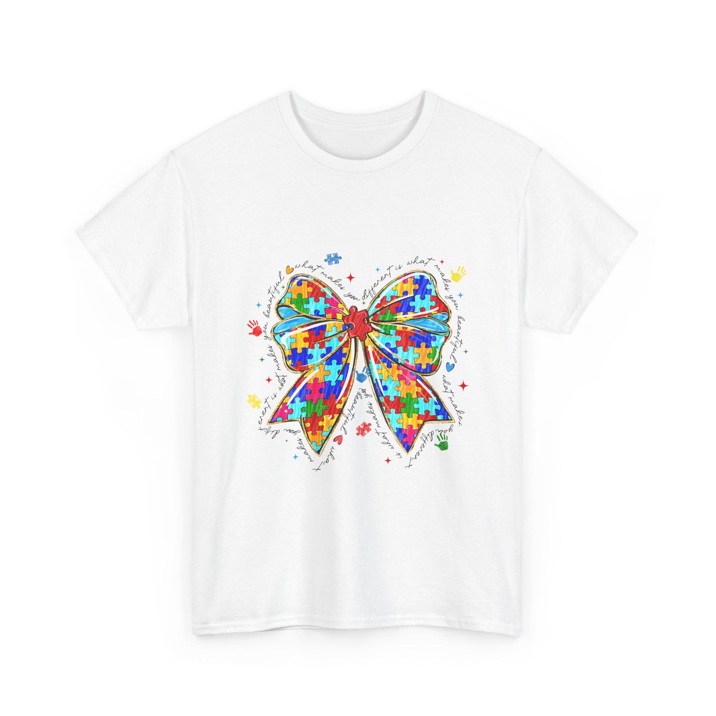 Autism Awareness Puzzle Bow T-Shirt — Colorful Support Ribbon Tee