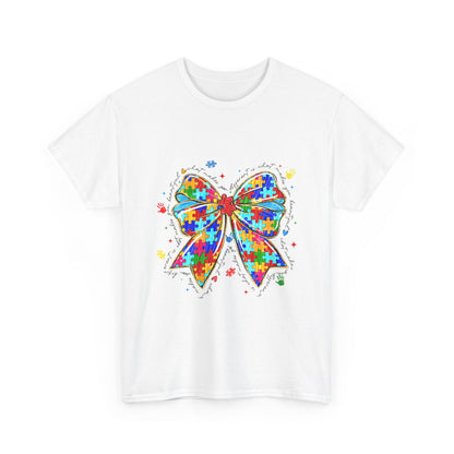 Autism Awareness Puzzle Bow T-Shirt — Colorful Support Ribbon Tee
